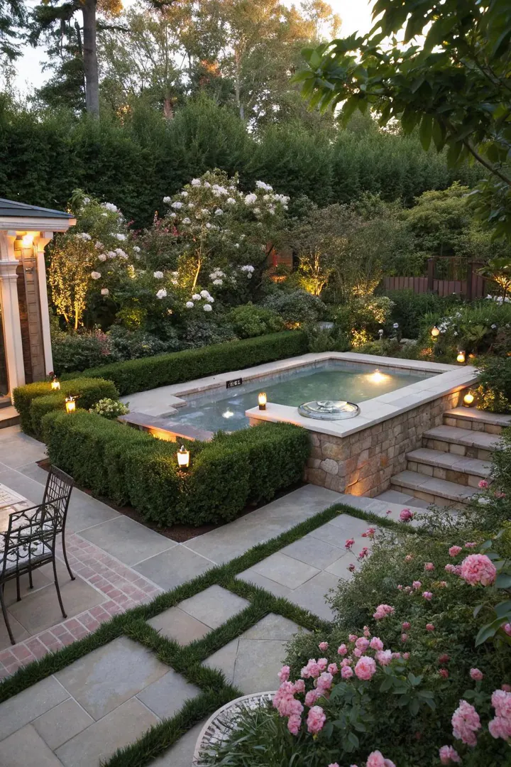 Hot tub sunk into the ground with a stone paver surround at ground level