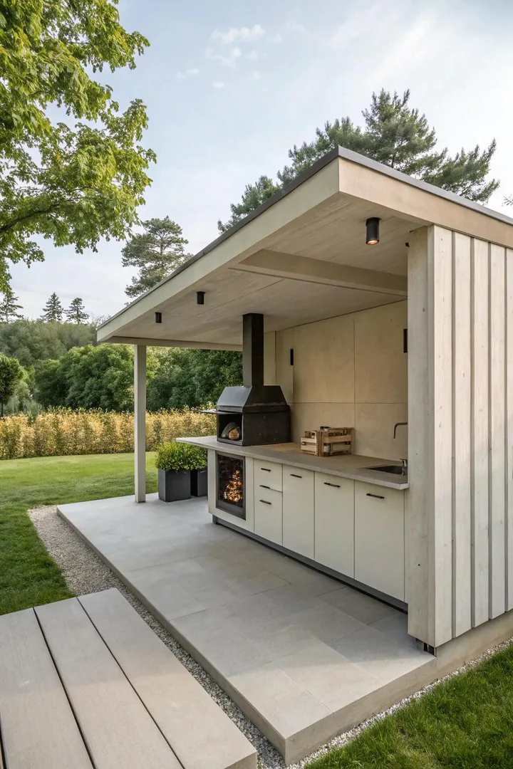 minimalist white-painted BBQ shelter with clean lines and a flat roof