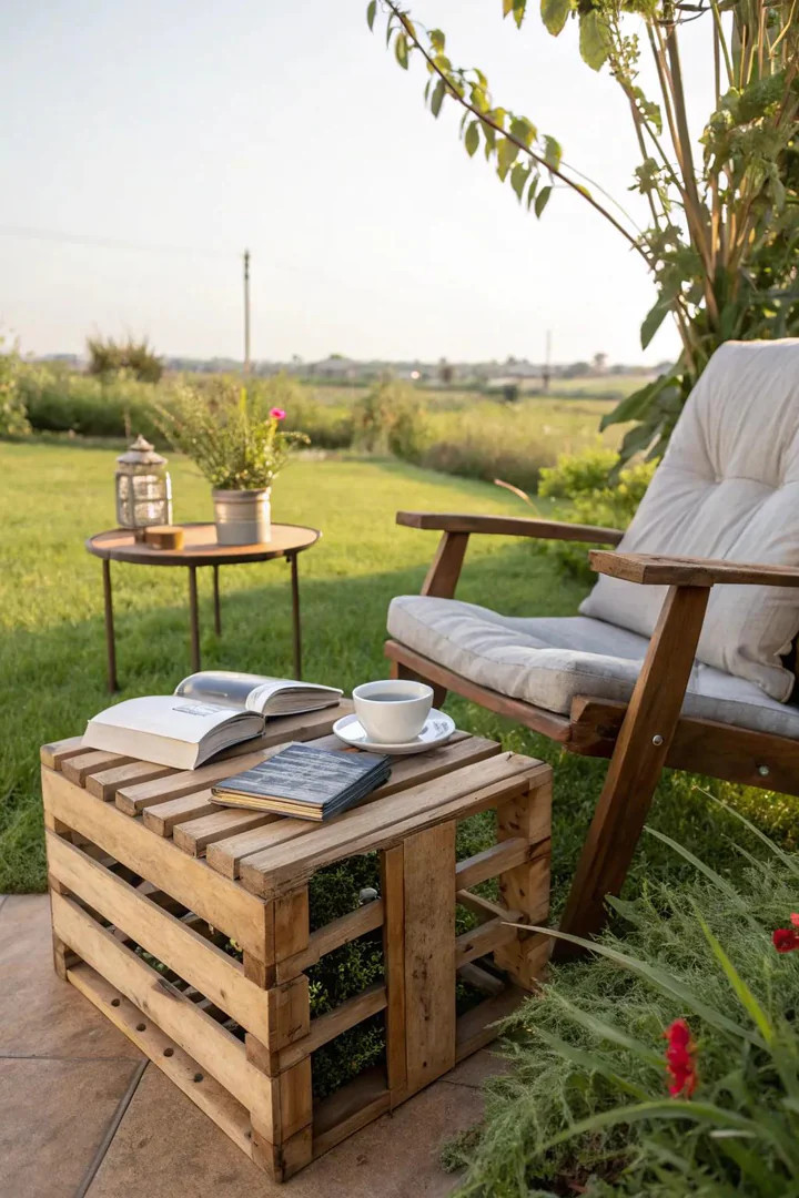 Small pallet side table with a sanded top surface beside a garden chair