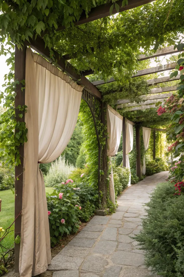 Pergola with full-height fabric wall panels creating a private enclosed outdoor room