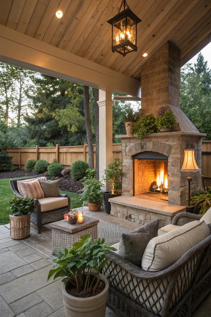covered porch with a stone-veneer outdoor fireplace and two armchairs facing the firebox
