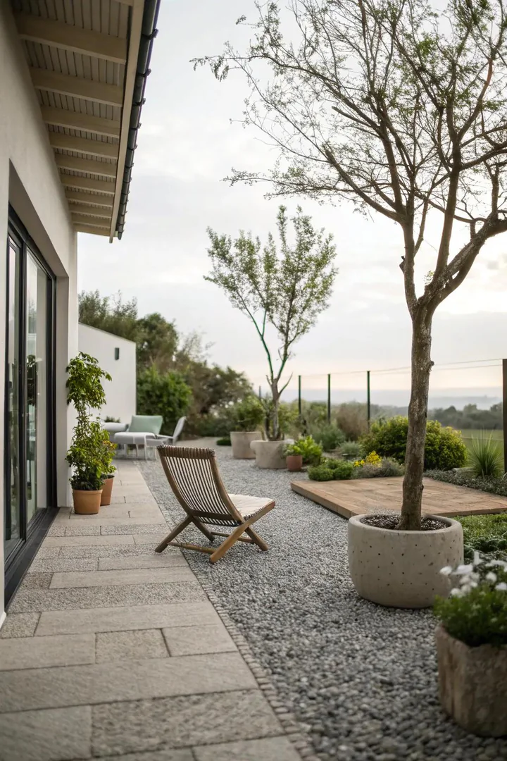 small patio area covered entirely in compacted crushed granite with steel edging border
