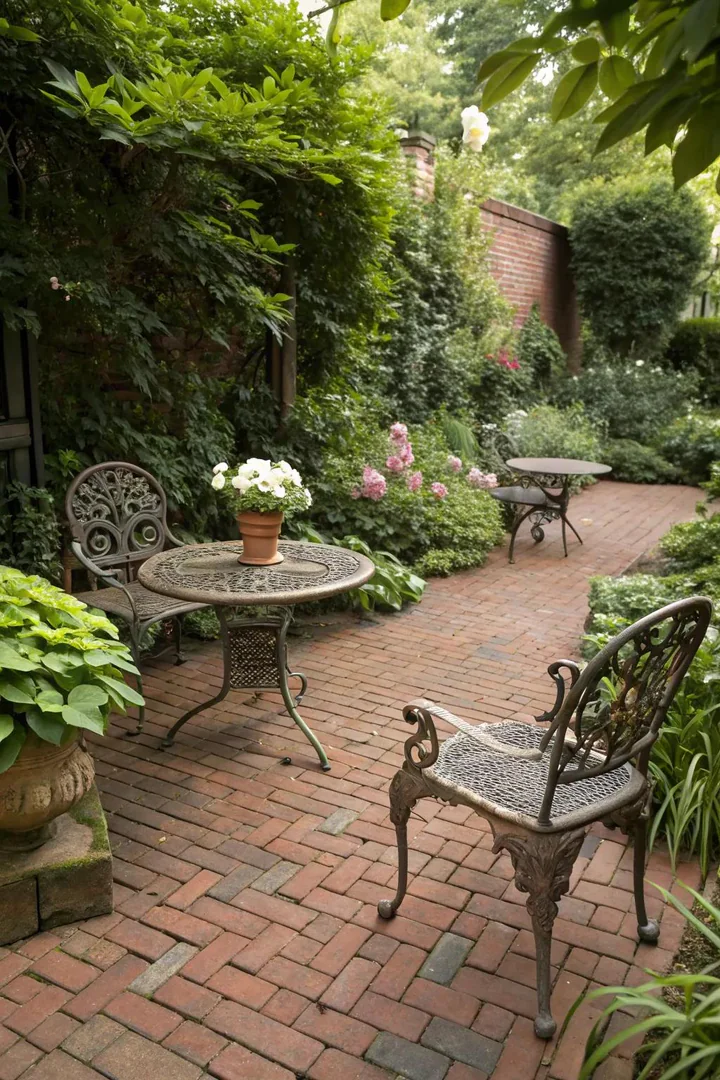 vintage-style brick patio with old red pavers, wrought iron furniture, and potted geraniums