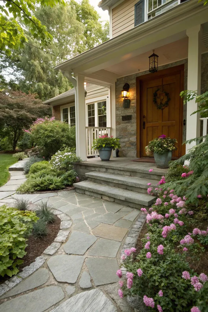 short natural stone stepping path from the front walkway to the porch steps