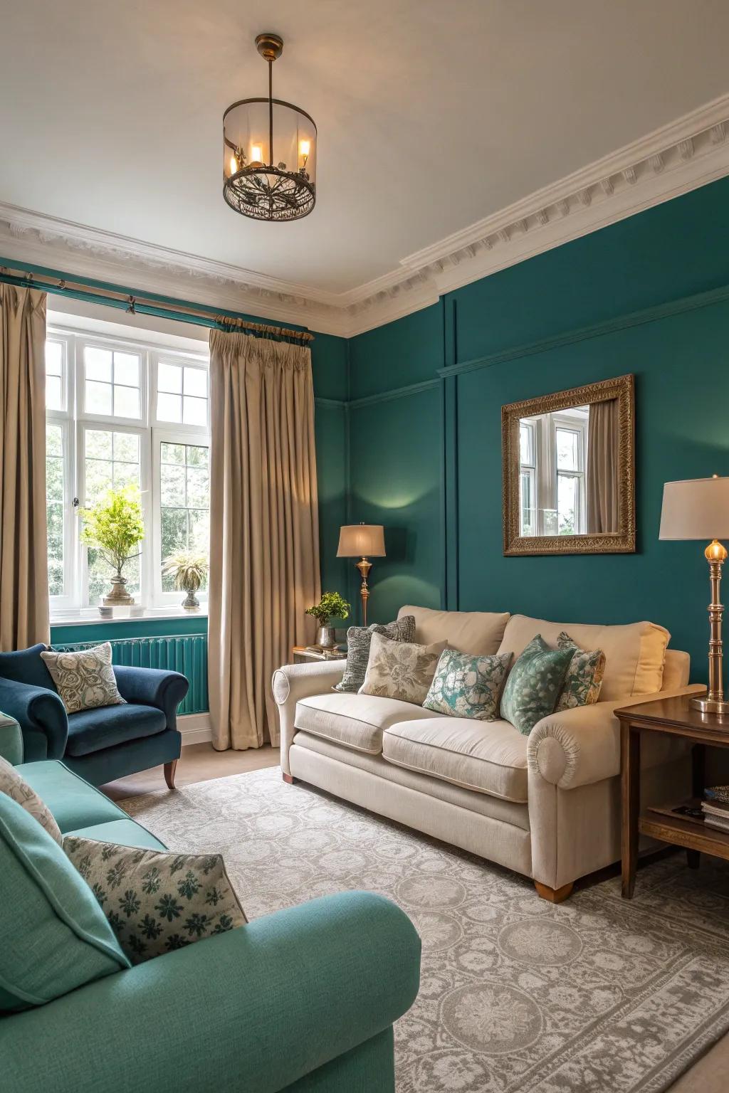 Rich teal with soft beige offers a luxurious and cozy feel.
