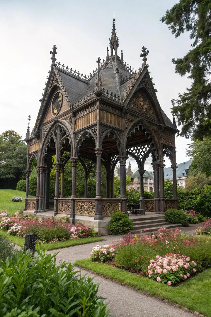 Gothic-style pavilion with pointed arches and dark-stained wood