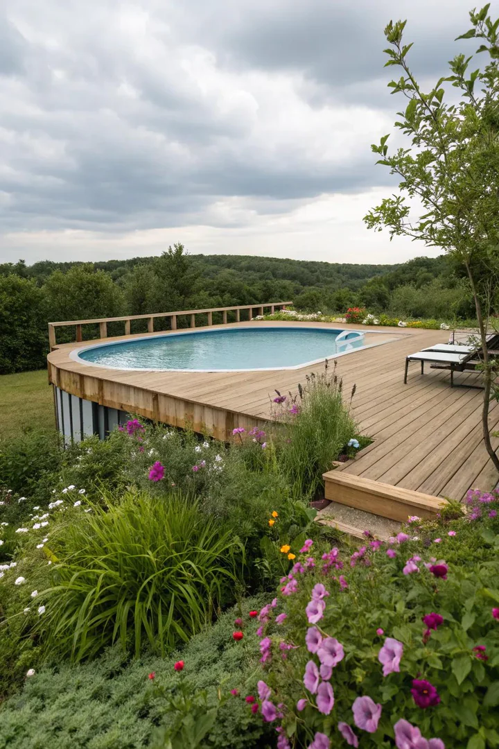 pool deck built from reclaimed pallet wood and salvaged fence boards with a rough-sawn finish
