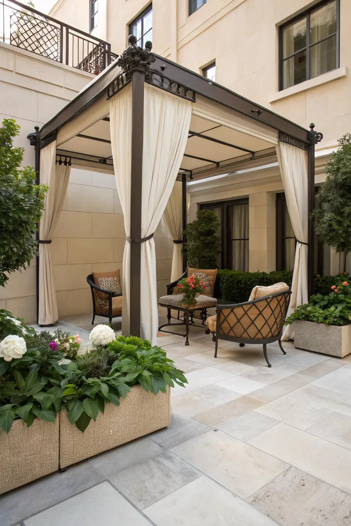 A canopy protects this courtyard patio from the elements.