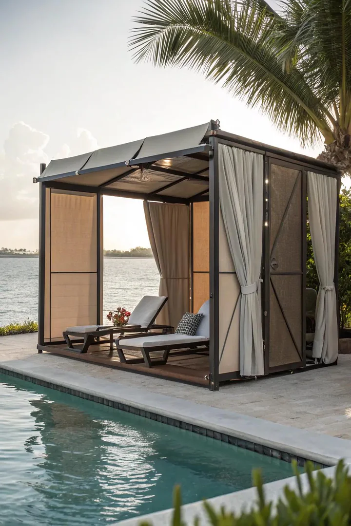 Folding or modular pool cabana that converts between open shade and enclosed room