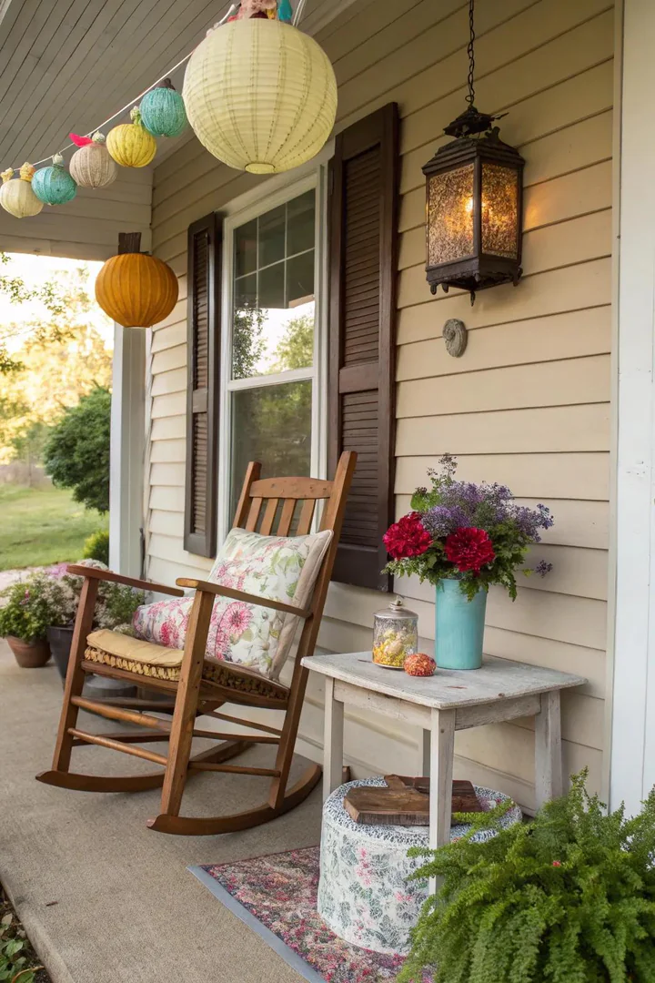 Handmade wooden welcome sign, painted flower pots, and a DIY wreath on a front porch