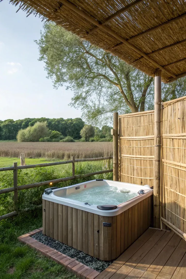Natural wood fence with horizontal slats providing privacy around a hot tub