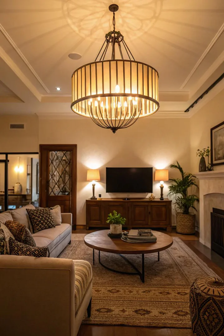 A living room featuring a bold statement lighting fixture.