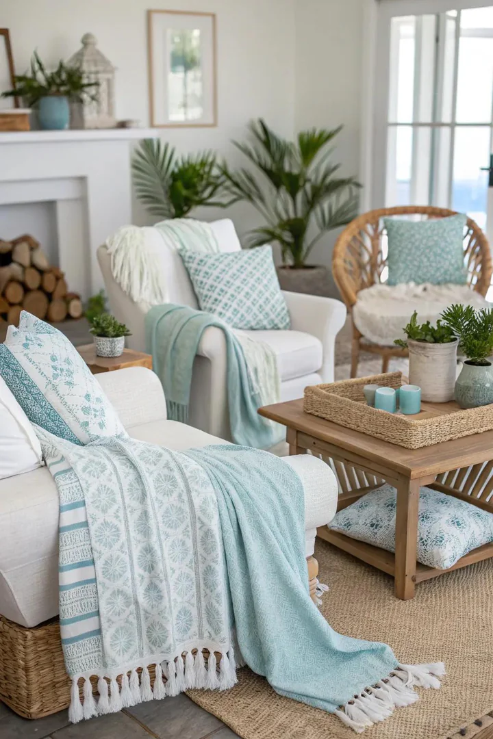 Coastal textiles add comfort and depth to the nautical theme.