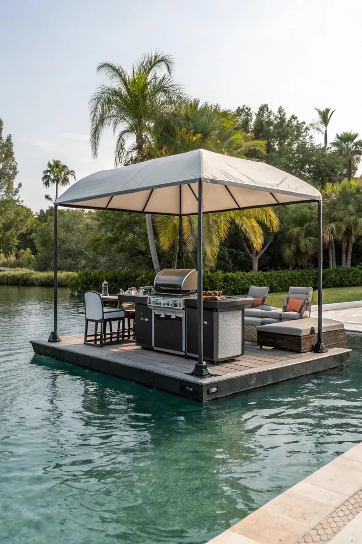 cantilevered BBQ shelter with no front posts appearing to float over the grill area