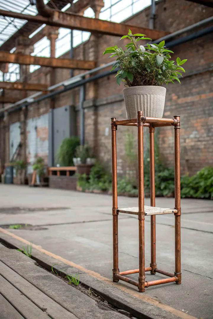 Modern plant stand built from copper pipe and fittings holding a white pot