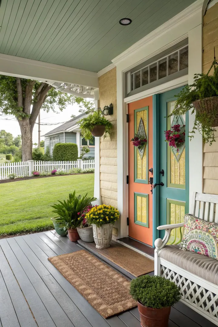 bright yellow painted front door on a white porch with matching yellow planter pots