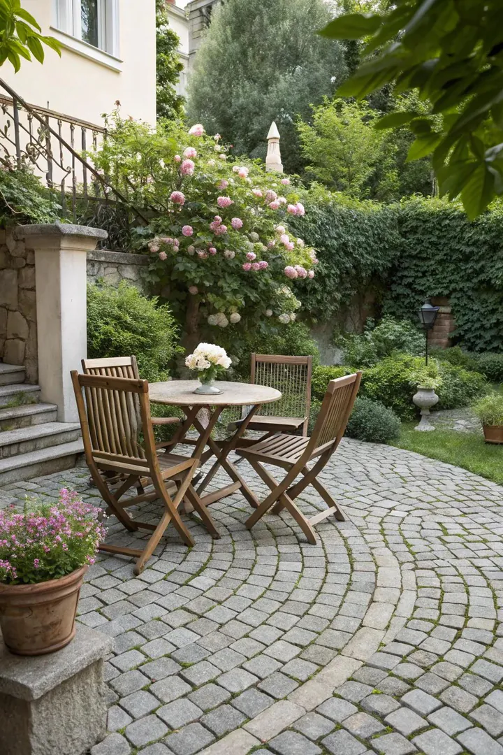 small patio with fan-shaped Belgian cobblestone pavers set in mortar on a concrete base