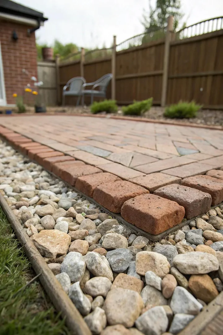 small brick patio surrounded by a gap of white pebbles creating a floating visual effect