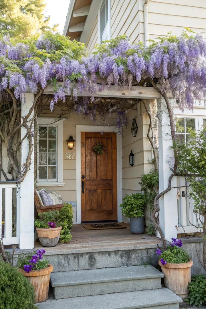 small wooden arbor over the front porch steps with climbing roses on both sides