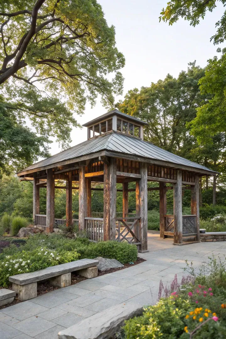 Pavilion built from reclaimed wood beams and recycled metal roofing