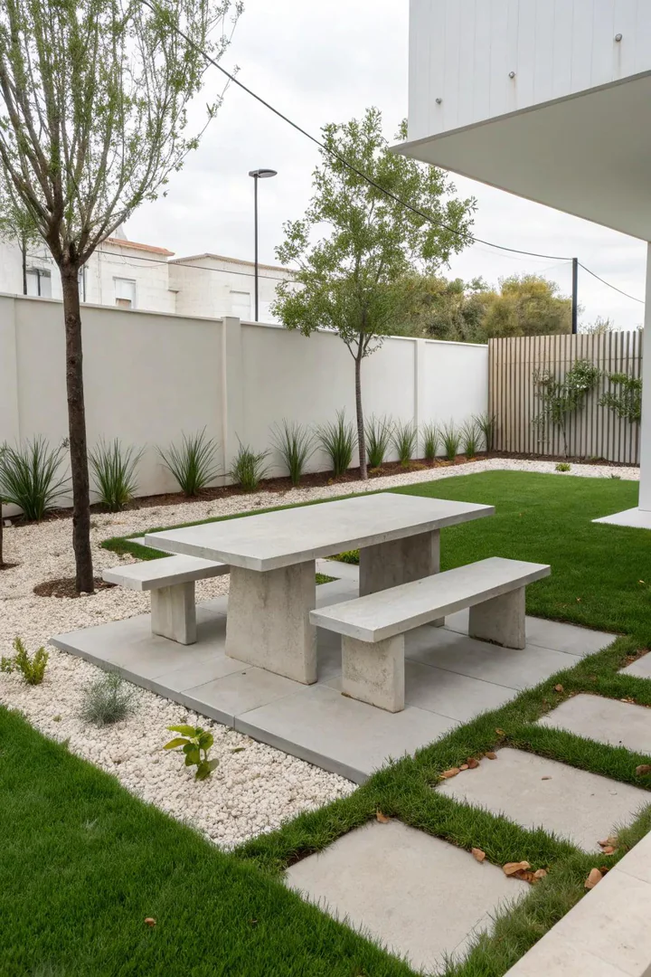 poured concrete picnic table with smooth rounded edges on a small brick patio