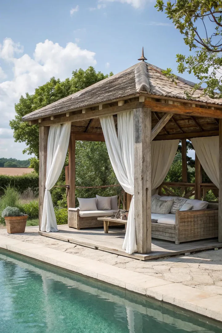 French country-style pool cabana with stone base, wooden shutters, and lavender plantings