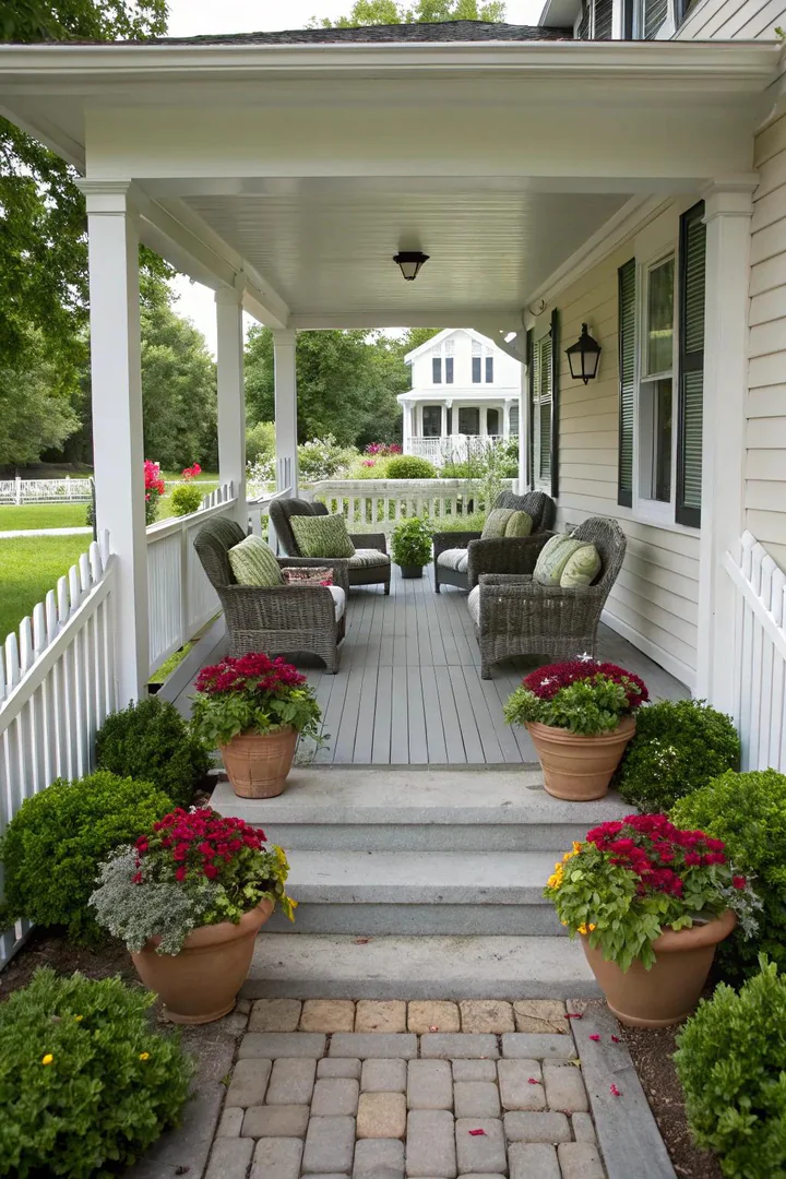 Symmetrical front porch with matching planters, lights, and chairs on each side of the door