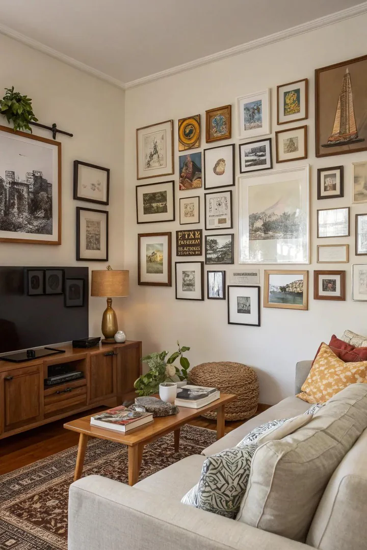 A living room with a unique gallery wall of art and photographs.