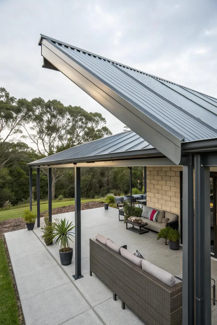 raw galvanized steel metal roof patio cover with visible zinc coating and silver finish