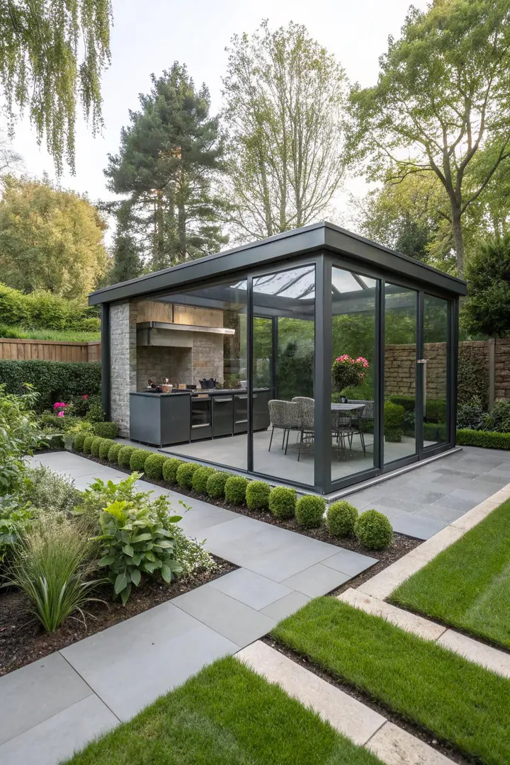 glass-walled outdoor BBQ pavilion with a steel frame and tempered glass panels