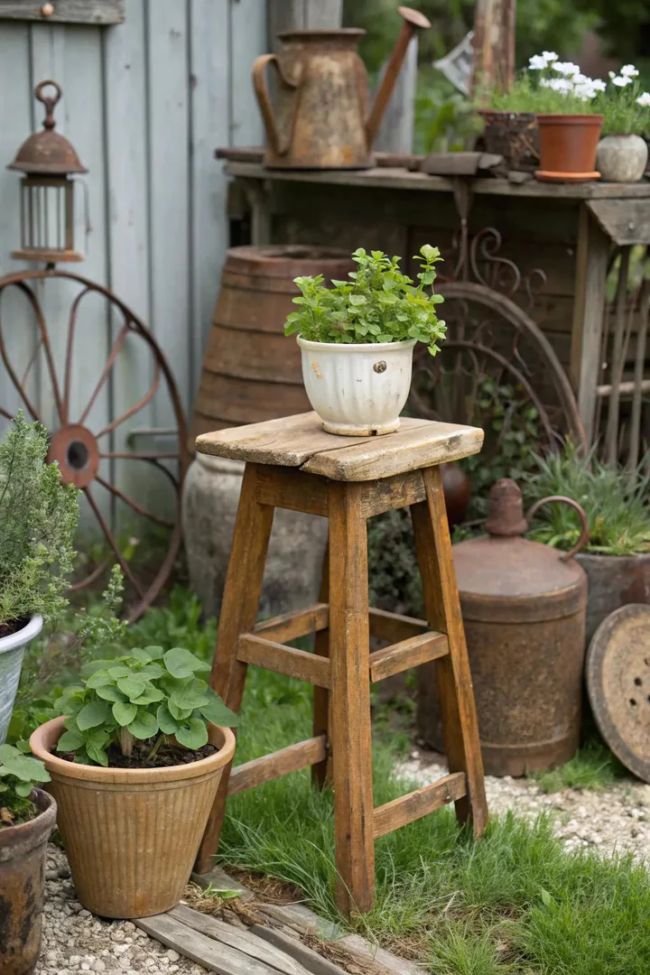 Antique washstand and iron stand repurposed as outdoor plant displays