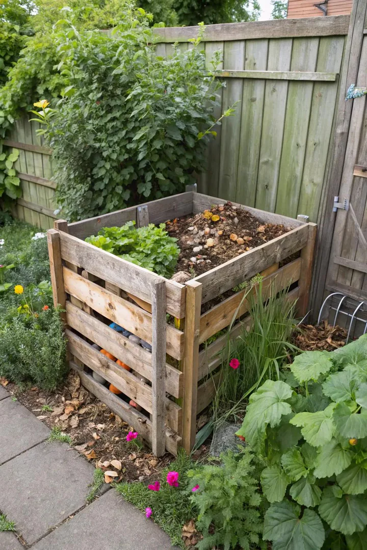 Three-sided pallet compost bin in a garden with organic material inside