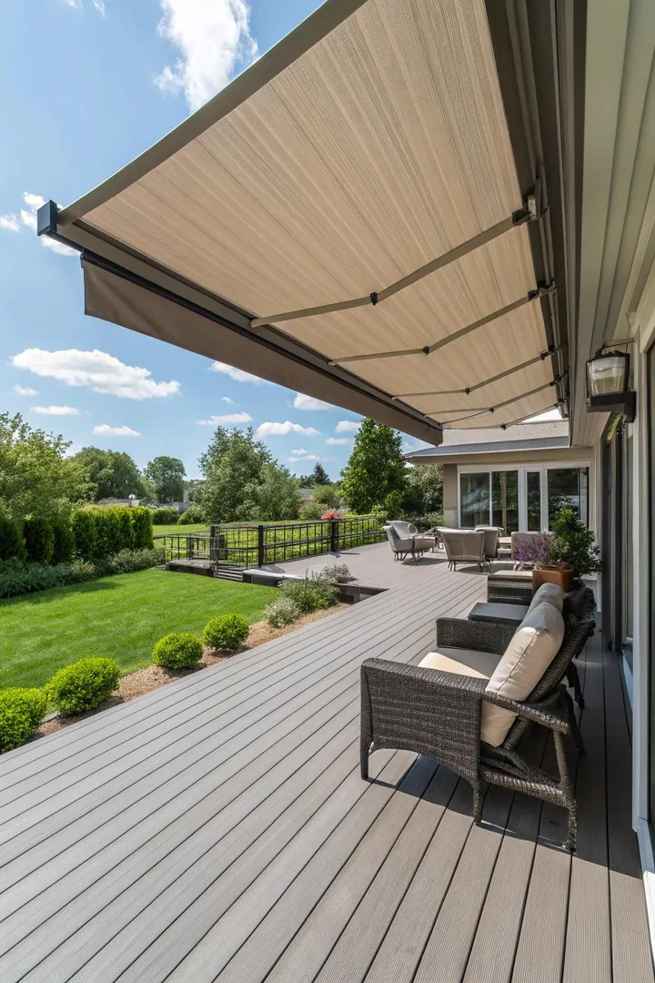 A composite deck equipped with a retractable awning for comfort and style.