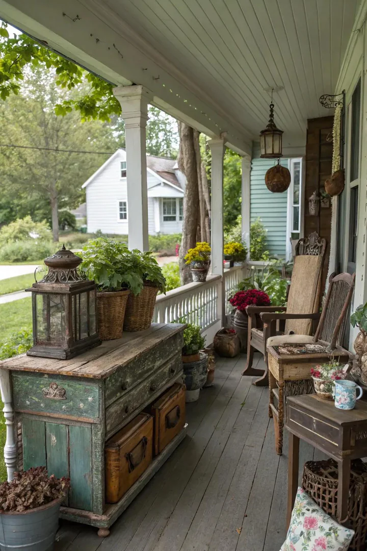 front porch styled with vintage milk crates, an old wooden bench, and antique watering cans