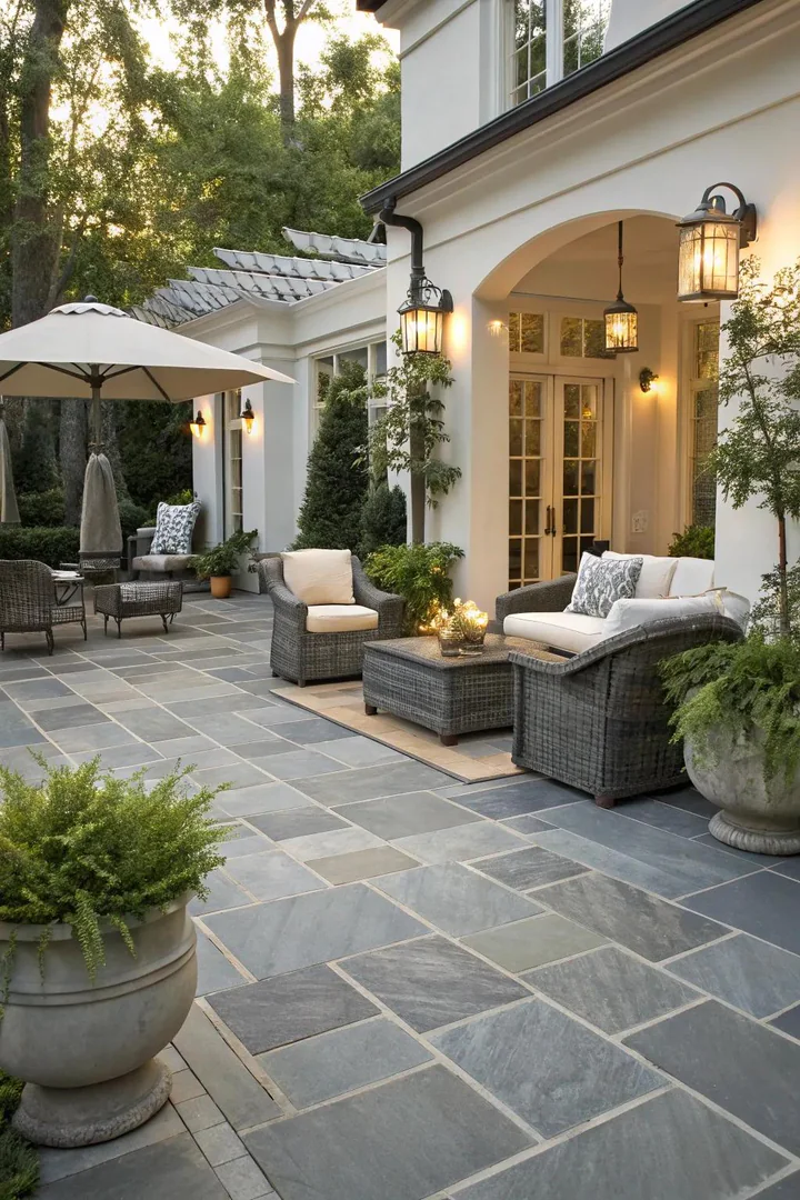 small patio with dark gray natural slate tiles arranged in a staggered brick-lay pattern