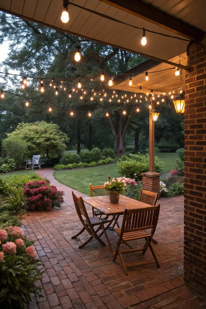 small brick patio set up as an outdoor dining area with a teak table and four chairs