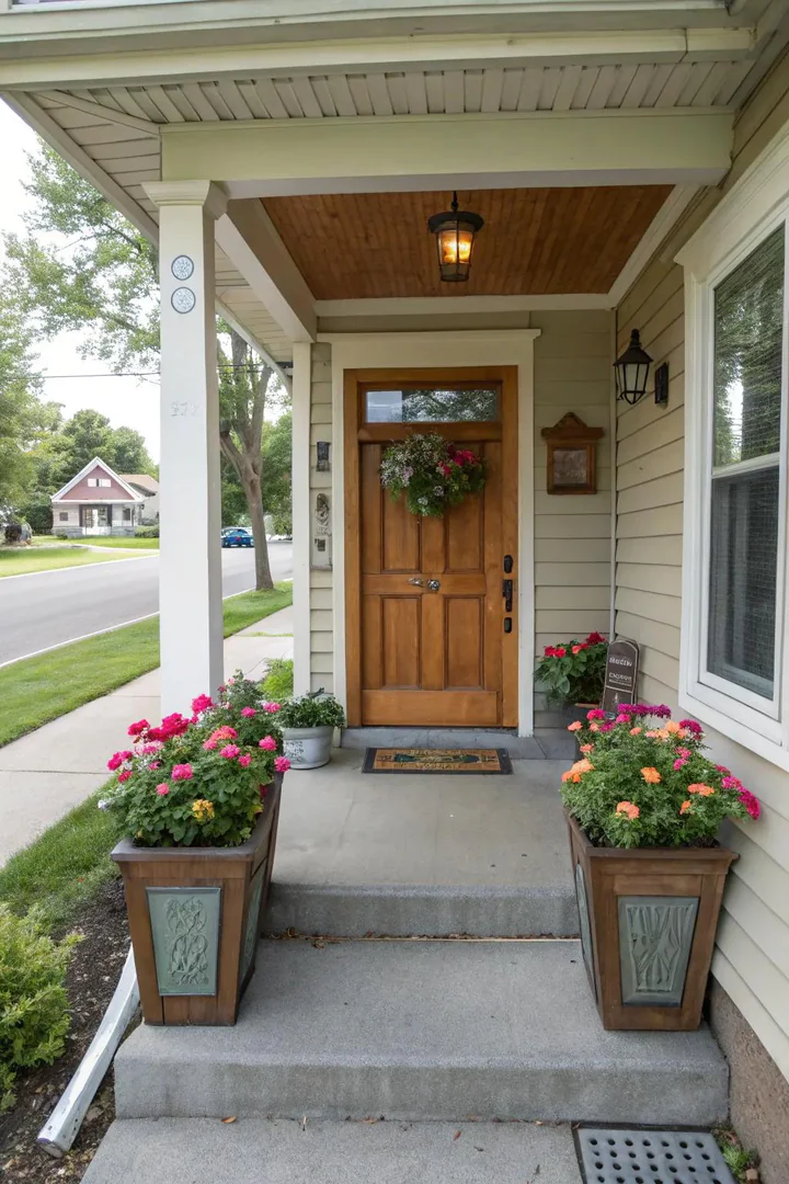 small front porch with matching topiaries in identical white pots flanking the front door