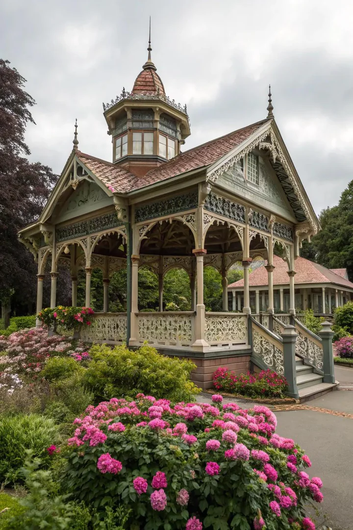 Victorian-style pavilion with ornamental trim, turned posts, and a cupola