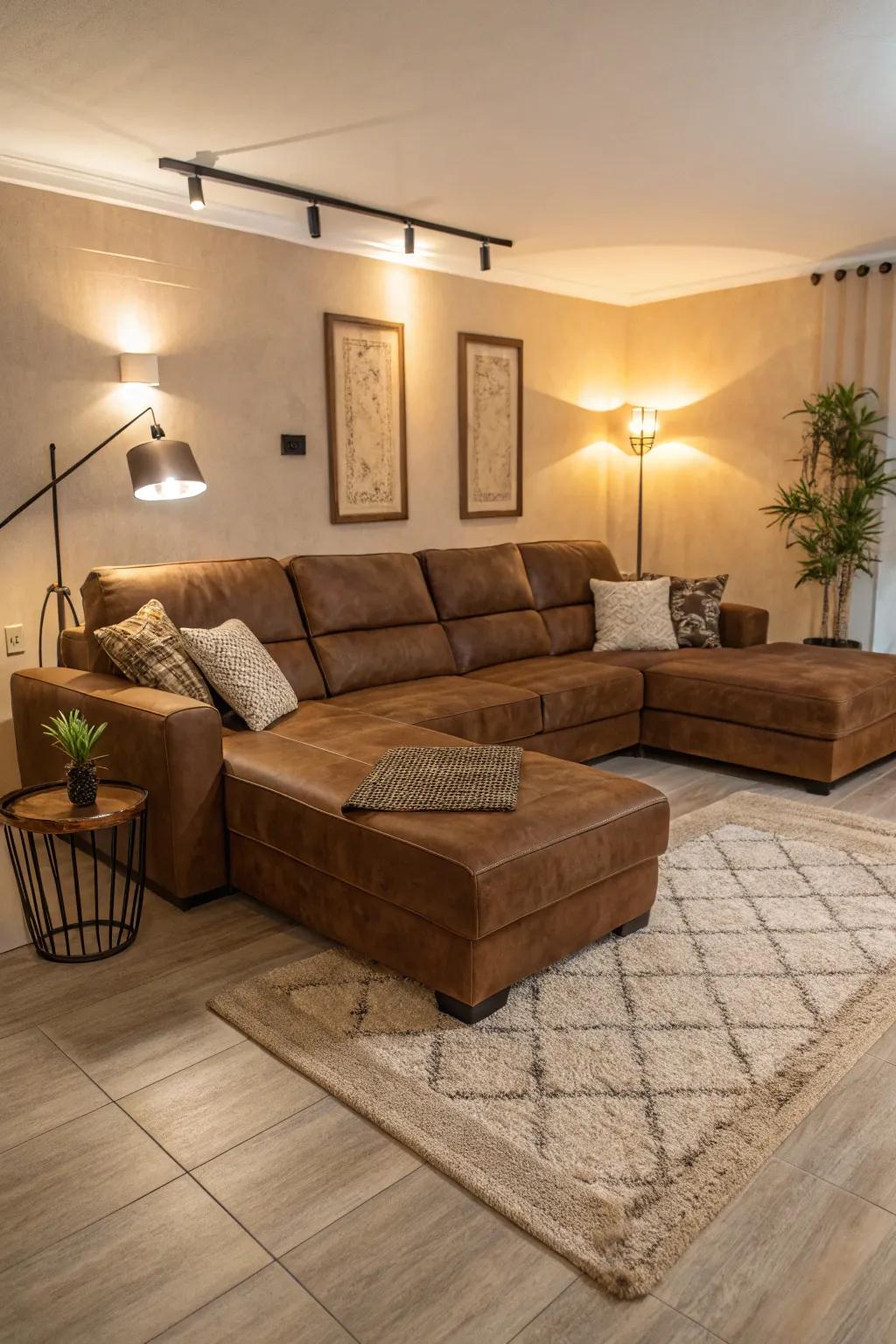 Light flooring contrasts with a brown sectional to brighten the room.