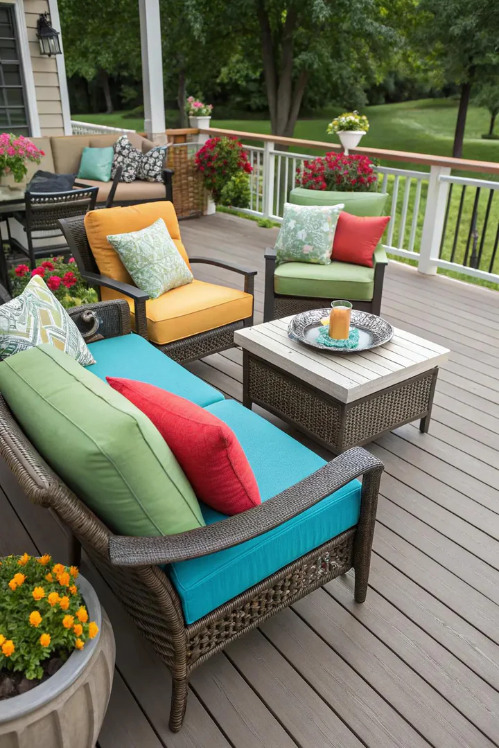 All-weather wicker furniture set on a composite deck with Sunbrella cushions and a teak side table