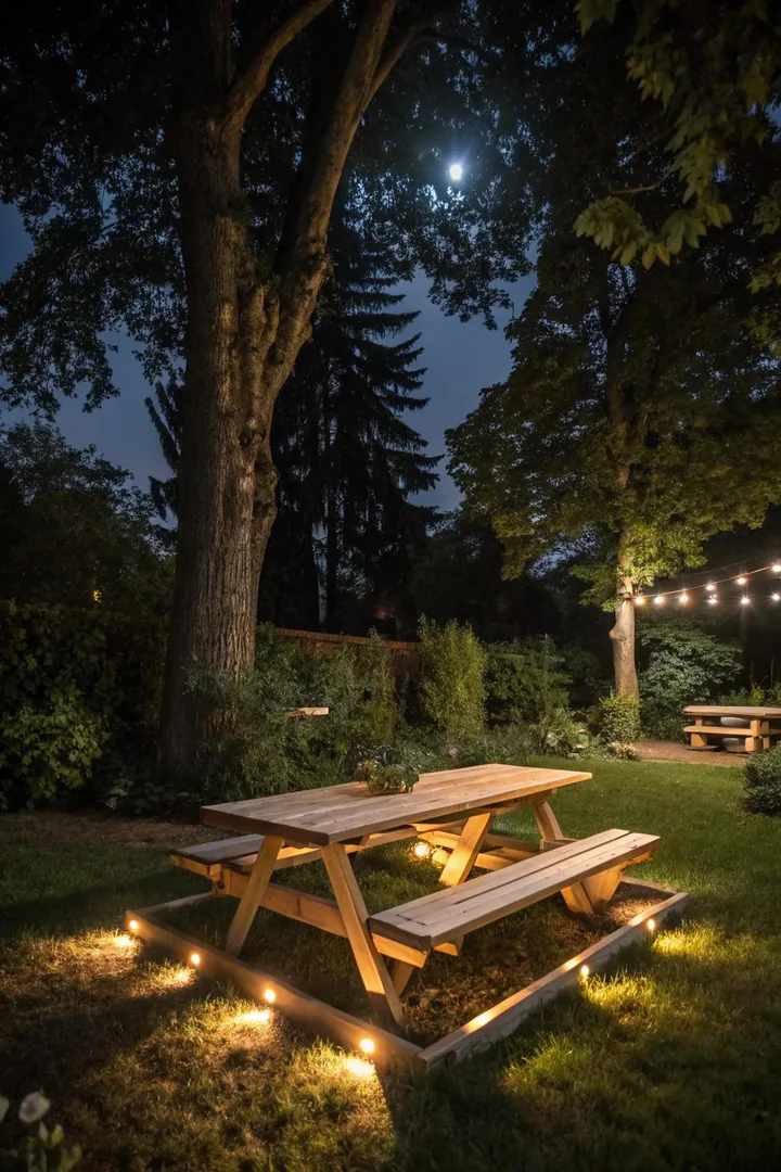 cedar picnic table at night with warm white LED strip lights recessed under the table edge