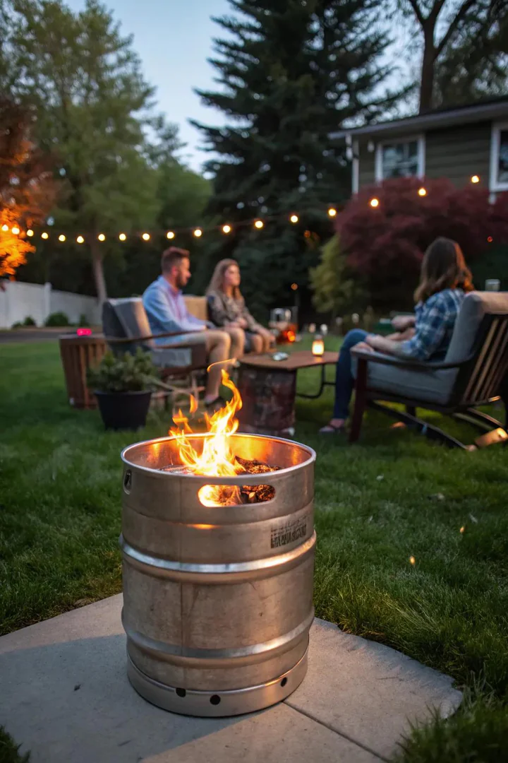 Half beer keg converted into a fire pit on legs with flames burning inside