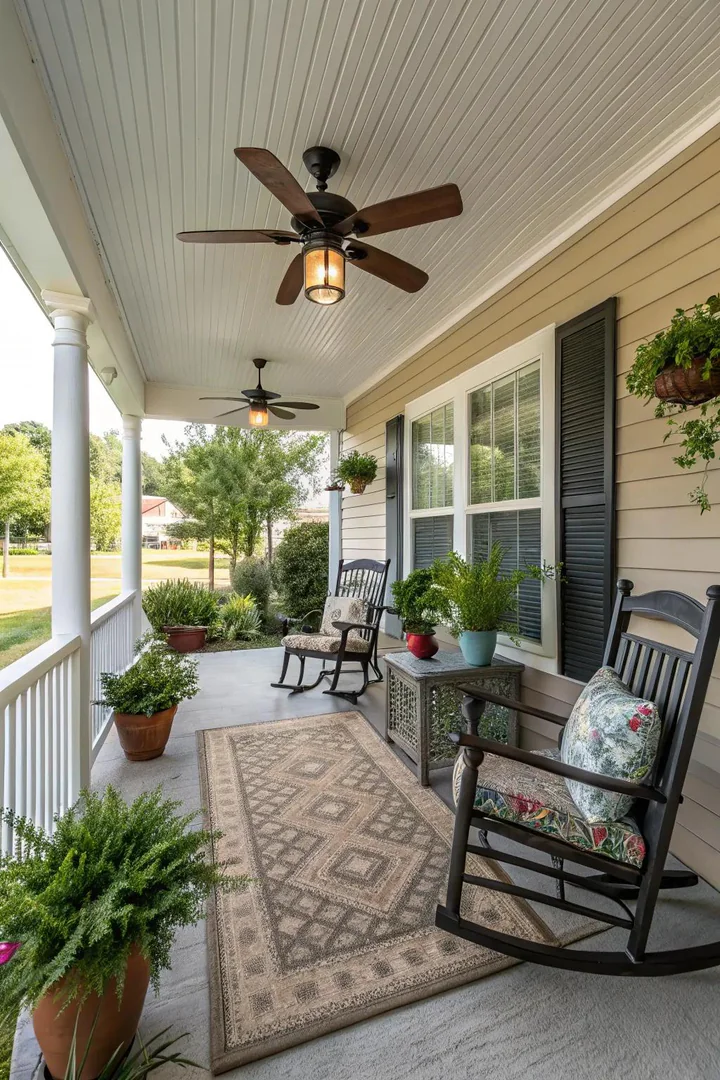 Outdoor ceiling fan mounted on a covered front porch ceiling above a seating area