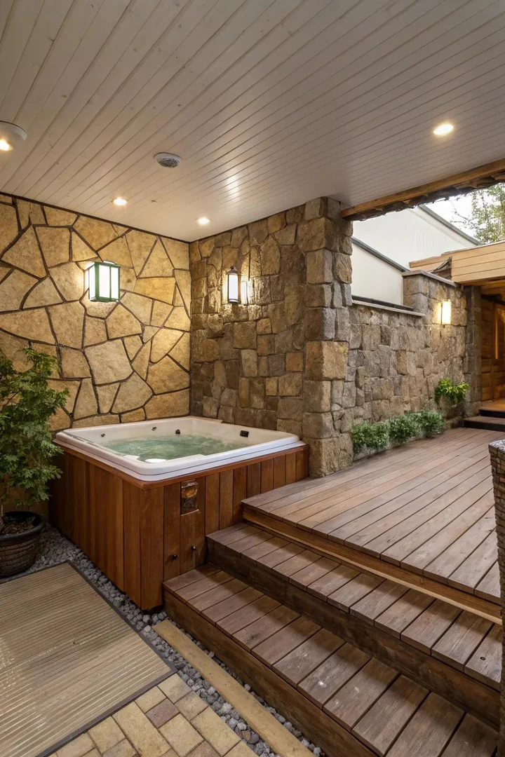 Mixed-texture hardscape with gravel, pavers, and stacked stone around a hot tub