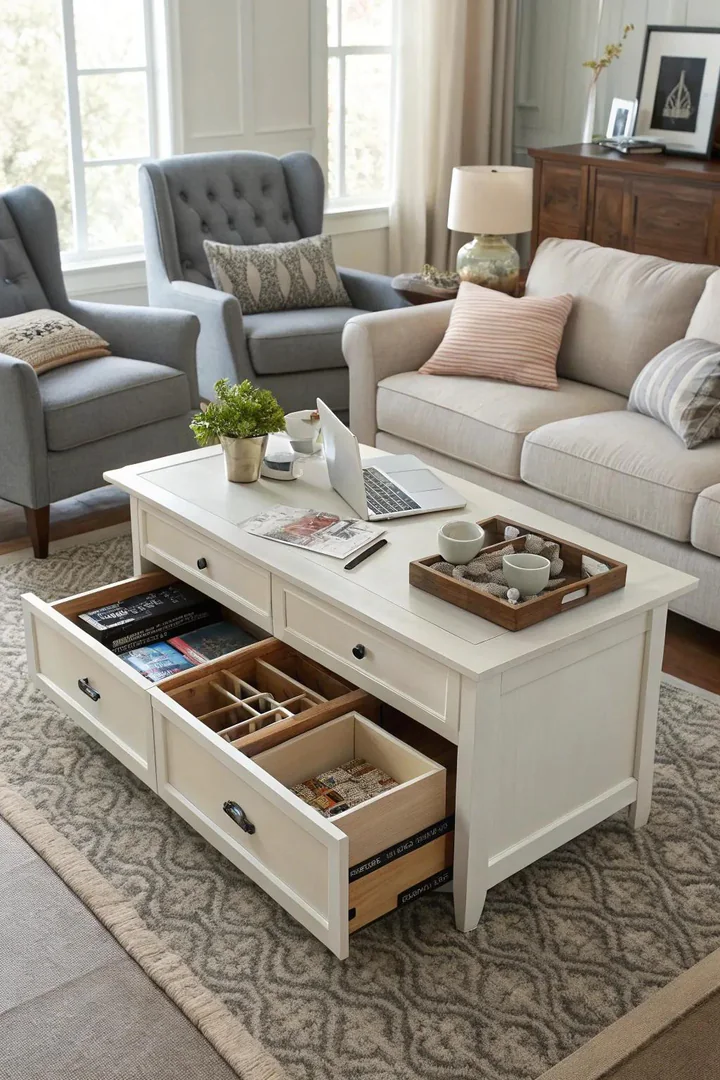 A living room featuring a multifunctional coffee table with storage.