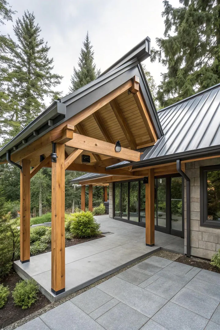 patio with a metal roof upper section and wood lattice lower section creating mixed-material walls