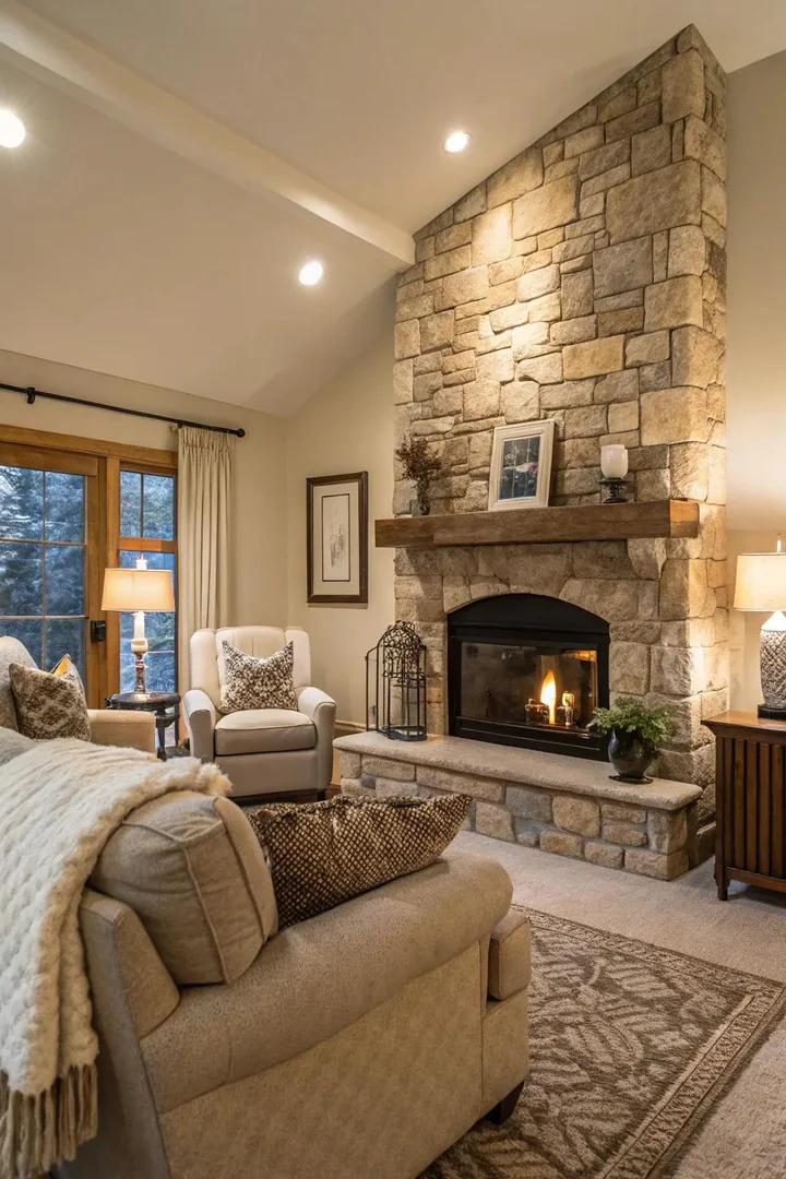 Stone elements add natural texture and warmth to a neutral living room.