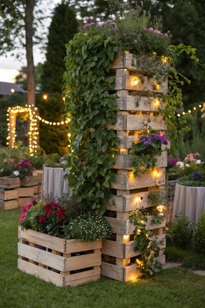 Pallet privacy screen standing upright between two garden zones
