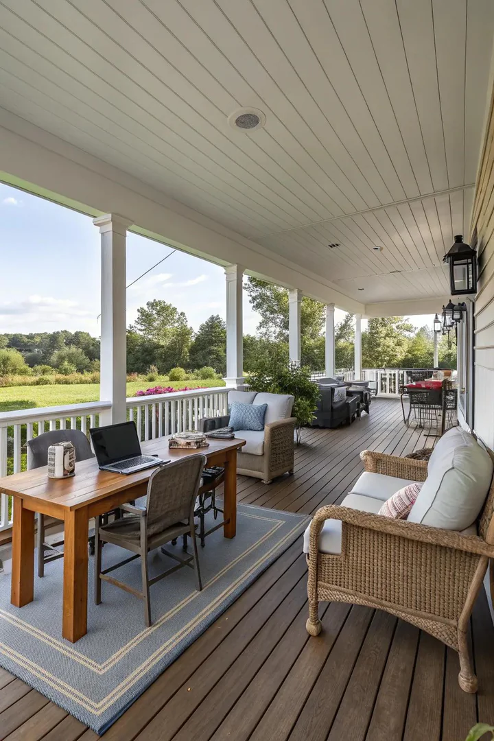 large wraparound porch divided into a dining zone, lounge zone, and plant zone with distinct furniture groupings