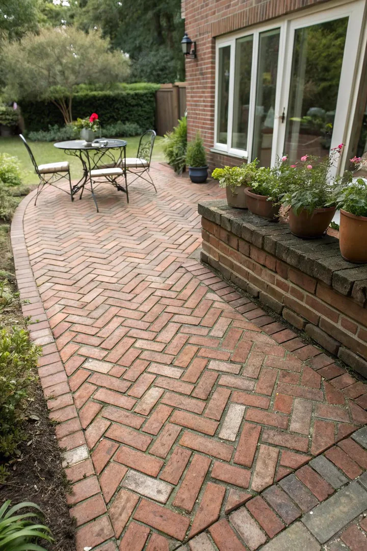 small brick patio laid in a 45-degree herringbone pattern with a soldier-course border